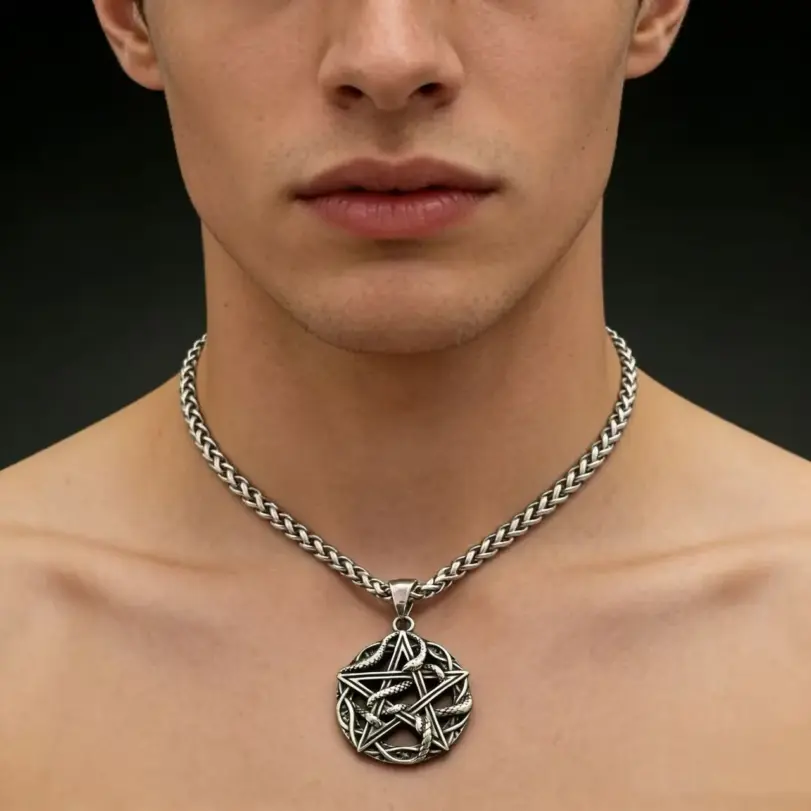 Collar con colgante de runa misteriosa entrelazada con serpiente y pentagrama de acero inoxidable HNSP 316L para hombre, accesorios de joyería gótica. 3