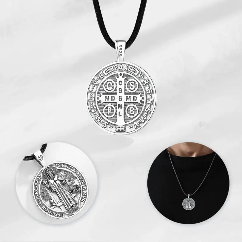 Collar de San Benito Eudora, amuleto católico de Plata de Ley 925, colgante de cruz de San Benito, joyería espiritual, Buen regalo Unisex 4