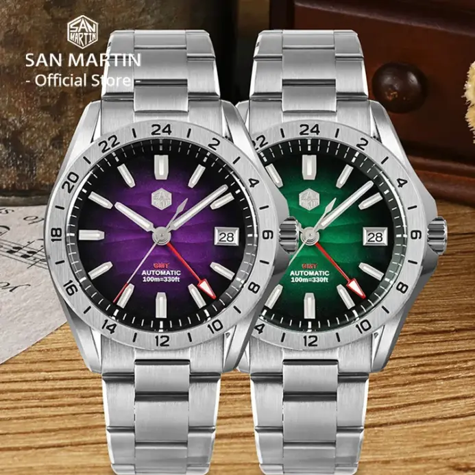 San Martin nuevo 39mm textura del desierto lujo hombres vestido de negocios GMT reloj NH34 mecánico automático impermeable 100m luminoso SN0129 2