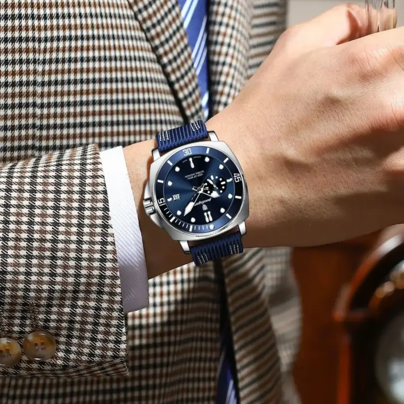 POEDAGAR, reloj de pulsera de lujo a la moda para hombre, reloj deportivo luminoso resistente al agua con fecha para hombre, relojes de cuarzo de cuero de nailon para negocios para hombre 5