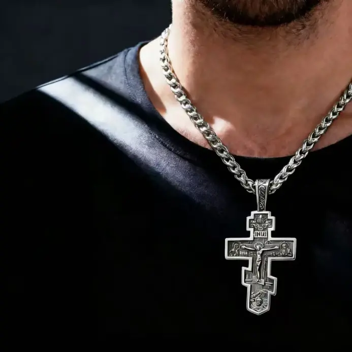 Collar con colgante de cruz ortodoxa vintage de acero inoxidable HNSP 316L para hombre, joyería, accesorios religiosos 2