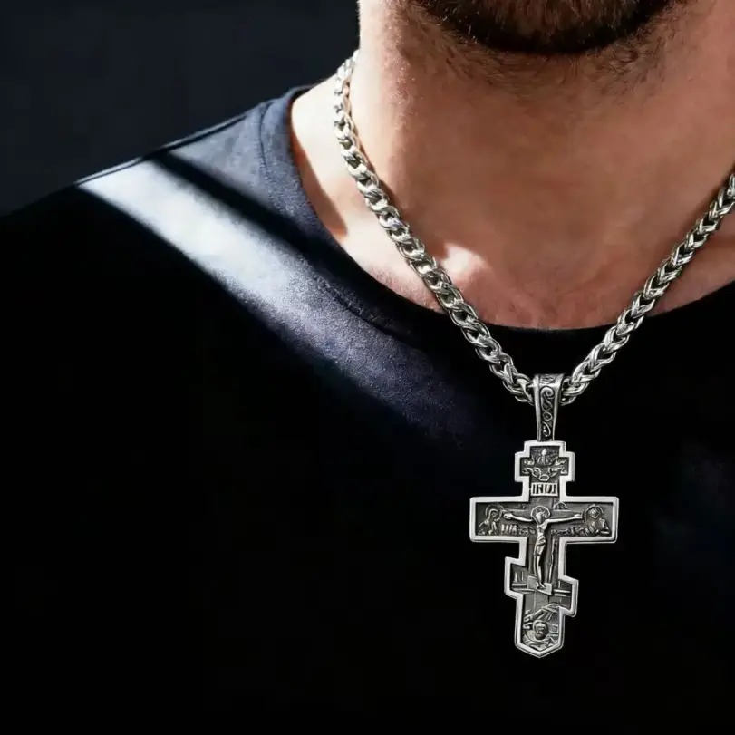 Collar con colgante de cruz ortodoxa vintage de acero inoxidable HNSP 316L para hombre, joyería, accesorios religiosos 2