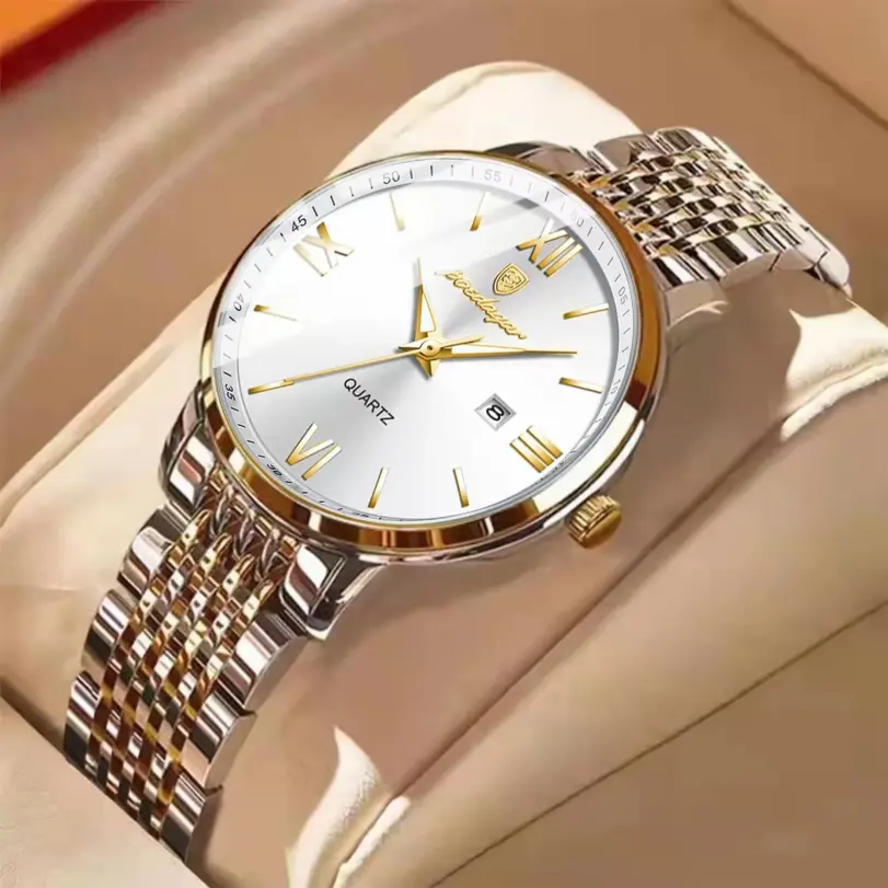 Reloj POEDAGAR de lujo para mujer, elegante reloj de pulsera de cuarzo con fecha luminosa resistente al agua para mujer, relojes dorados de acero inoxidable para mujer + caja 1