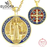 Eudora-collar de plata de ley 925 con cruz de oro de 18 quilates, colgante esmaltado de San Benito, amuleto católico, joyería para hombres y mujeres 1