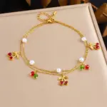 Tobillera de perlas de cereza de doble capa de acero inoxidable 316L para mujer, cadena de color dorado a la moda, joyería estética de playa de verano 4
