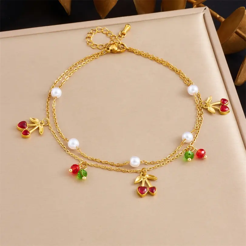 Tobillera de perlas de cereza de doble capa de acero inoxidable 316L para mujer, cadena de color dorado a la moda, joyería estética de playa de verano 4