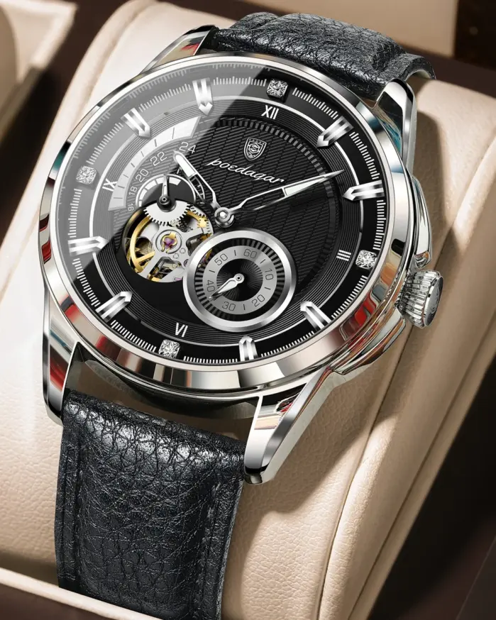 Reloj de pulsera deportivo original POEDAGAR para hombre, reloj de moda con tourbillon hueco, reloj automático mecánico de cuero para hombre, reloj + caja 1
