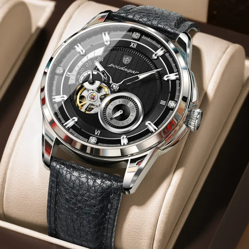 Reloj de pulsera deportivo original POEDAGAR para hombre, reloj de moda con tourbillon hueco, reloj automático mecánico de cuero para hombre, reloj + caja 1