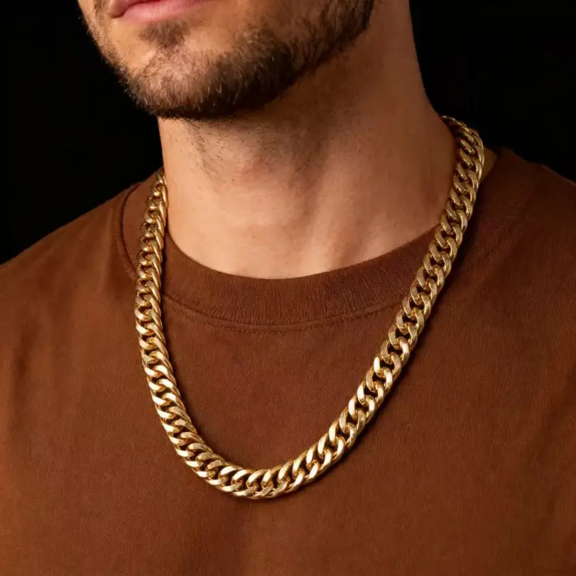 HNSP, collar de cadena de Color dorado con eslabones cubanos de acero inoxidable de 10MM para hombres, accesorios de joyería 1