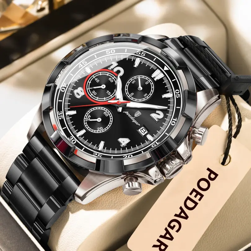 POEDAGAR, reloj Original superior para hombre con fecha, cronógrafo luminoso resistente al agua, reloj para hombre, relojes militares de cuarzo de acero inoxidable para hombre 1