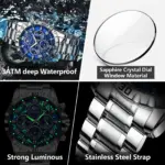 POEDAGAR, reloj militar de lujo para hombre, reloj de pulsera deportivo de cuarzo para hombre, cronógrafo luminoso resistente al agua, relojes de acero inoxidable para hombre 4
