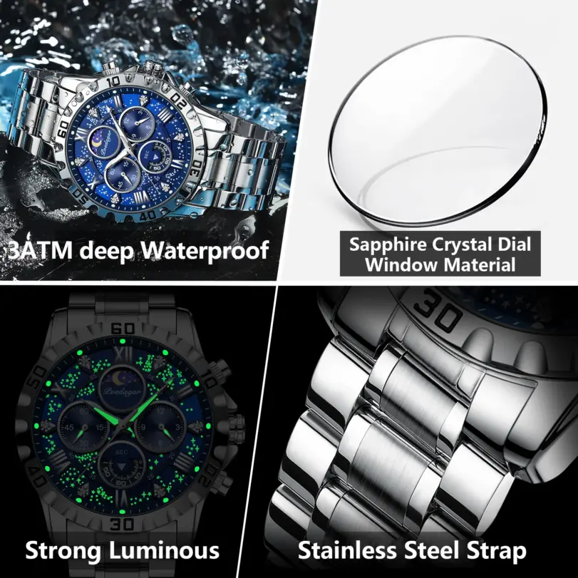 POEDAGAR, reloj militar de lujo para hombre, reloj de pulsera deportivo de cuarzo para hombre, cronógrafo luminoso resistente al agua, relojes de acero inoxidable para hombre 4