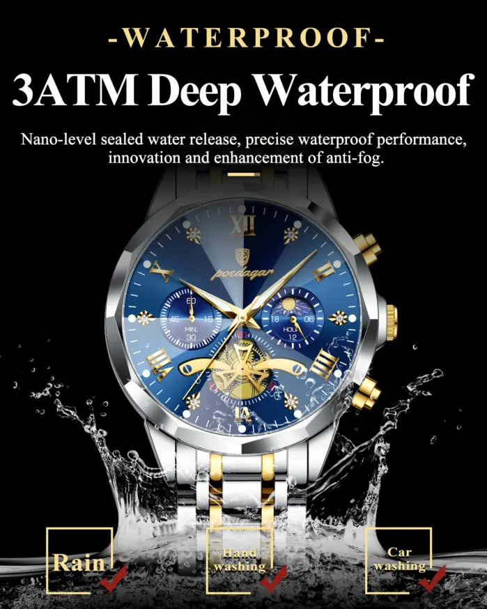 Reloj deportivo POEDAGAR para hombre, luminoso, resistente al agua, cronógrafo, de lujo, de acero inoxidable, de cuarzo, para hombre. 2