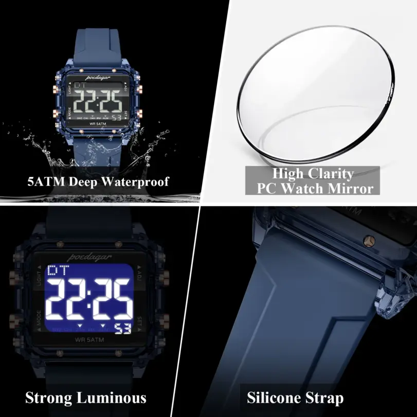Reloj Deportivo POEDAGAR de Moda para Hombre, Resistente al Agua, con Fecha, Semana y Alarma, Correa de Silicona, Reloj de Pulsera Electrónico LED para Hombre 4