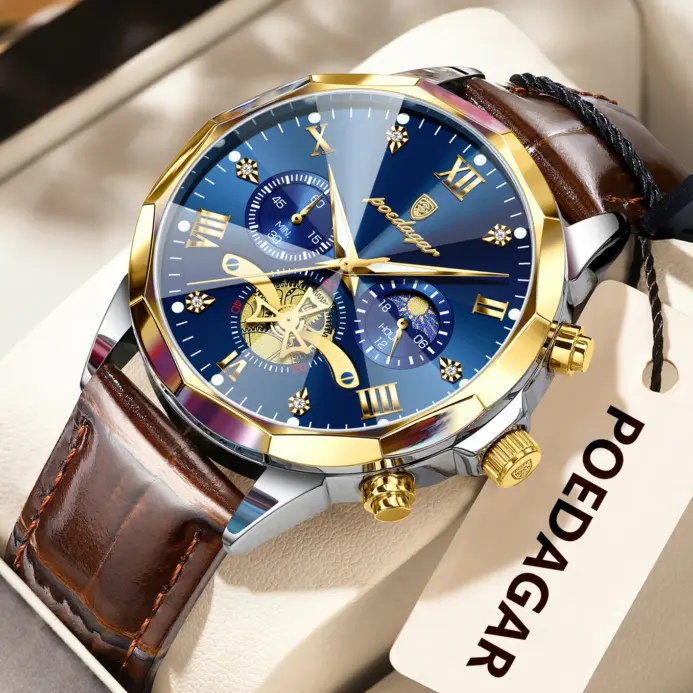 Reloj de pulsera POEDAGAR militar de lujo para hombre, Reloj de cuarzo resistente al agua con cronógrafo luminoso, Reloj de cuero para hombre, relojes deportivos para hombre, Reloj masculino 1