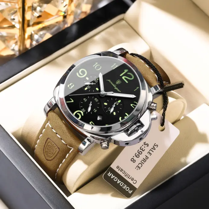 POEDAGAR, reloj militar de lujo para hombre, resistente al agua, luminoso, cronógrafo con fecha, reloj para hombre, relojes deportivos informales de cuero de cuarzo para hombre 2