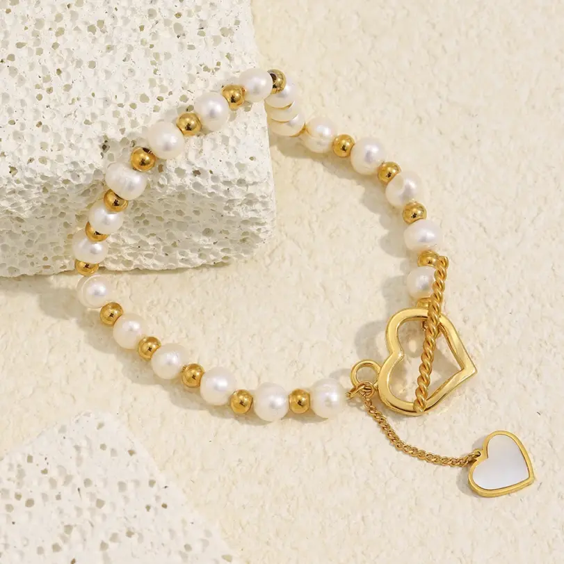 Pulsera MamacitaSlay de Acero Inoxidable 316L con Corazón de Concha de Perla y Cierre OT, Chapada en Oro de 18K, Resistente al Agua, Joyería Elegante para Mujer 5
