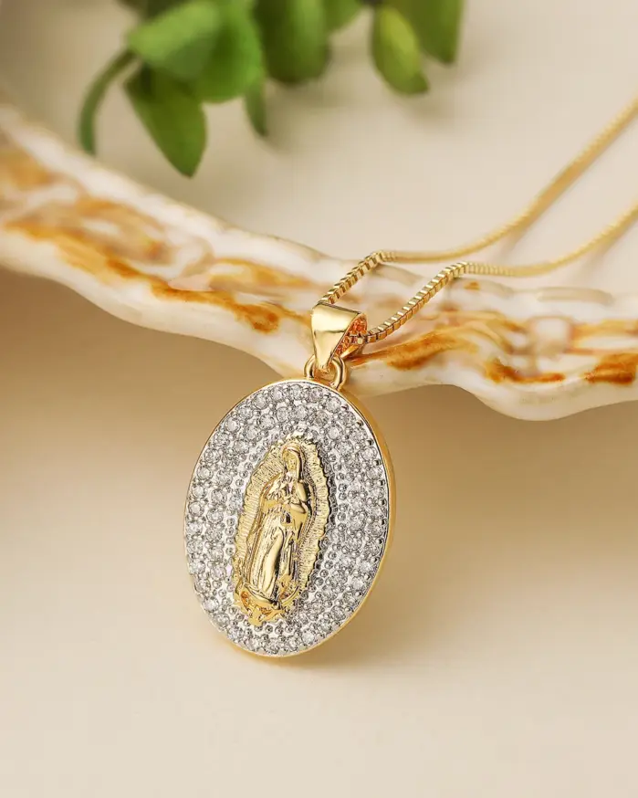 Nuevo Collar de Moda con Colgante de Virgen María y Sacerdote, con Incrustaciones Brillantes de Circonita Cúbica AAA en Color Plata/Oro 1