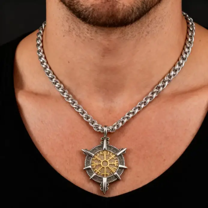 HNSP 316L Acero inoxidable vikingo runa brújula colgante collar para hombres accesorios de joyería 2