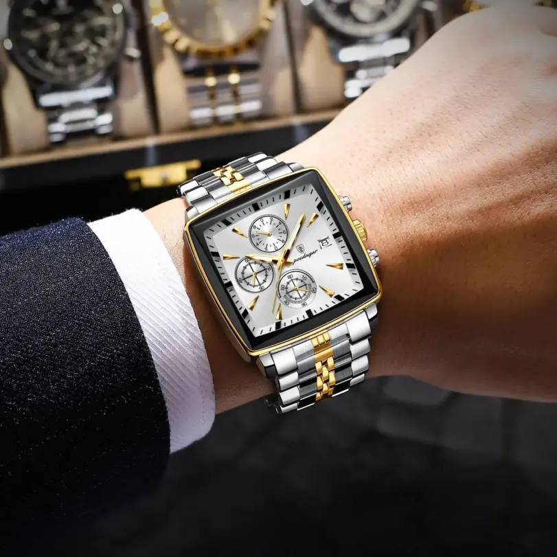 POEDAGAR-Reloj de pulsera deportivo cuadrado para hombre, cronógrafo de cuarzo, luminoso, resistente al agua, de lujo, de acero inoxidable 5