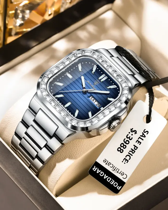 POEDAGAR, reloj cuadrado de lujo para hombre, resistente al agua, luminoso, con fecha, semana, reloj para hombre, relojes de cuarzo informales de acero inoxidable a la moda para hombre 1