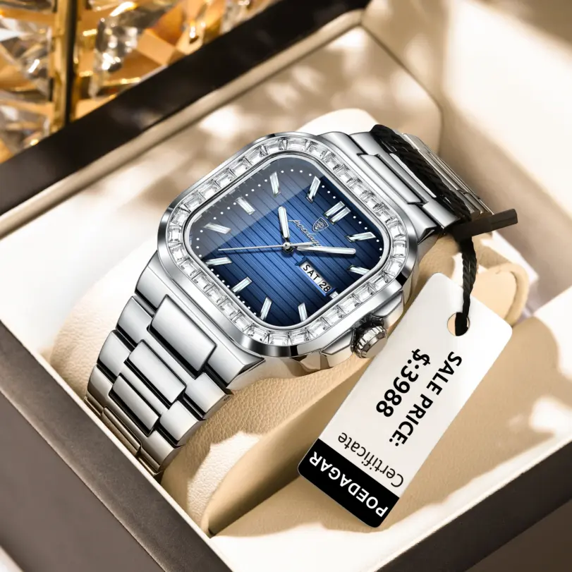 POEDAGAR, reloj cuadrado de lujo para hombre, resistente al agua, luminoso, con fecha, semana, reloj para hombre, relojes de cuarzo informales de acero inoxidable a la moda para hombre 1