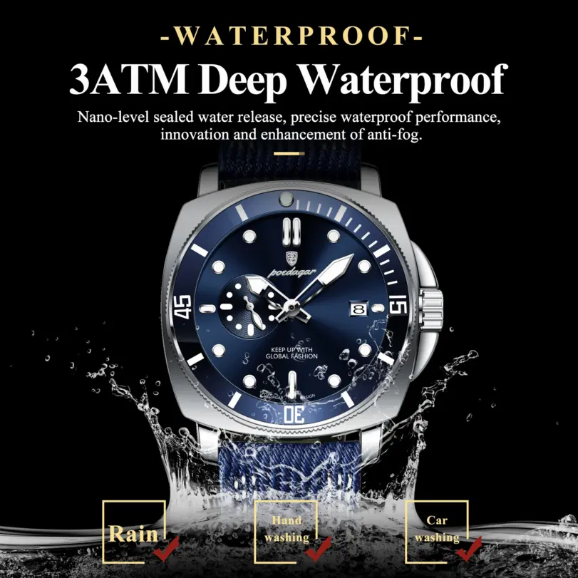 Reloj deportivo militar POEDAGAR para hombre, resistente al agua, luminoso, con fecha, de lujo, con correa de nailon y cuero, reloj de cuarzo para hombre + caja. 2