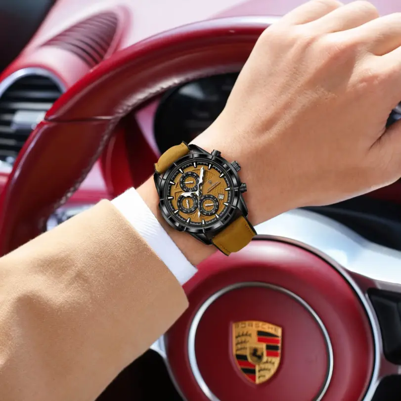 Reloj de pulsera POEDAGAR de lujo para hombre, relojes de cuarzo de cuero originales para hombre, cronógrafo con fecha, reloj luminoso resistente al agua para hombre + caja 4