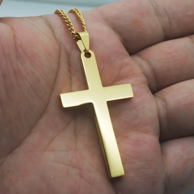 HNSP Collar con colgante de cruz de acero inoxidable 316L en blanco para grabar, accesorios de joyería religiosa de protección DIY 4