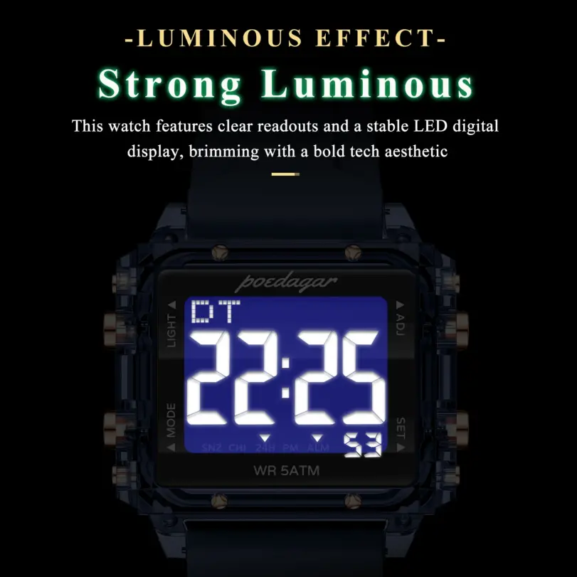 Reloj Deportivo POEDAGAR de Moda para Hombre, Resistente al Agua, con Fecha, Semana y Alarma, Correa de Silicona, Reloj de Pulsera Electrónico LED para Hombre 3