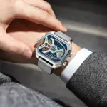 POEDAGAR, reloj de moda para hombre, reloj rectangular resistente al agua con fecha y semana LED para hombre, relojes electrónicos de cuarzo de acero inoxidable con malla para hombre 5
