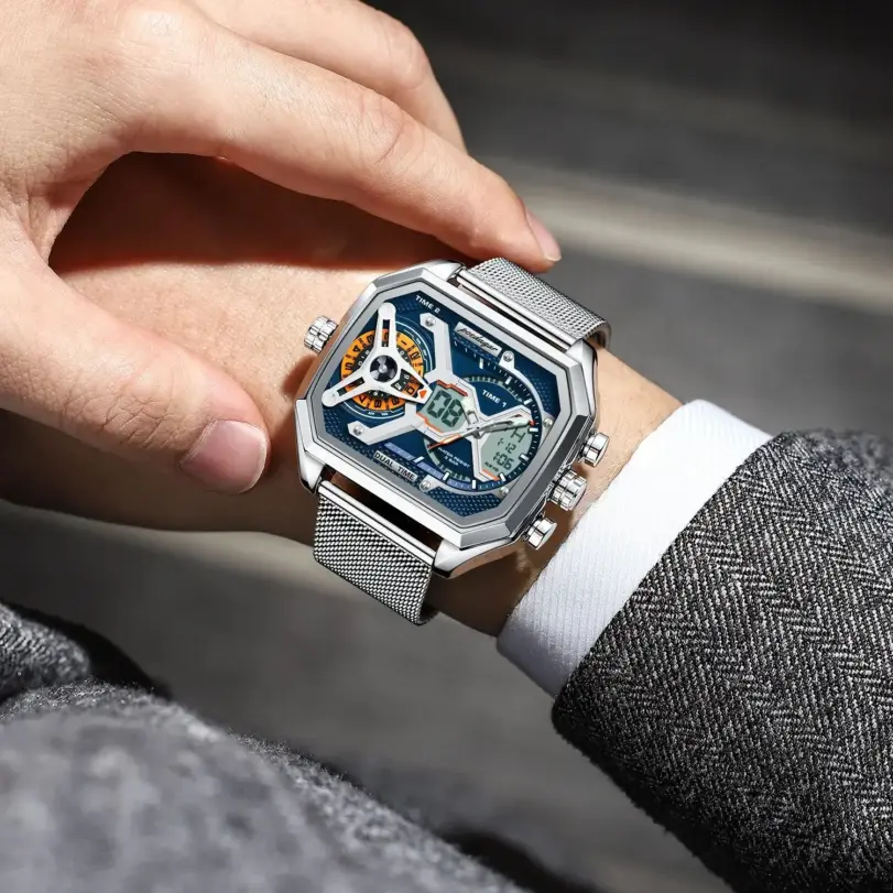 POEDAGAR, reloj de moda para hombre, reloj rectangular resistente al agua con fecha y semana LED para hombre, relojes electrónicos de cuarzo de acero inoxidable con malla para hombre 5