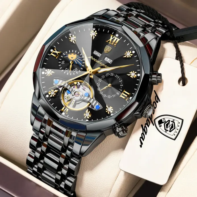 Relojes de Lujo POEDAGAR para Hombre, Reloj Mecánico Original de Acero Inoxidable, Reloj de Hombre Automático con Tourbillon Hueco a Prueba de Agua 1