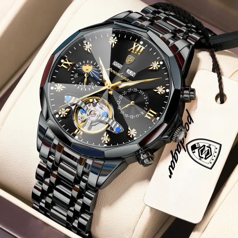 Relojes de Lujo POEDAGAR para Hombre, Reloj Mecánico Original de Acero Inoxidable, Reloj de Hombre Automático con Tourbillon Hueco a Prueba de Agua 1
