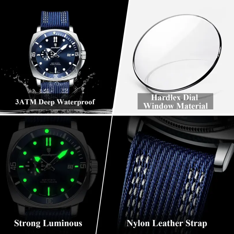 Reloj deportivo militar POEDAGAR para hombre, resistente al agua, luminoso, con fecha, de lujo, con correa de nailon y cuero, reloj de cuarzo para hombre + caja. 4