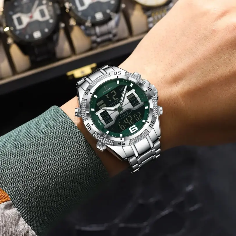 Reloj POEDAGAR LED de lujo para hombre, reloj deportivo con pantalla de doble horario, reloj de pulsera Digital luminoso con fecha semanal para hombre, relojes electrónicos de cuarzo para hombre 6
