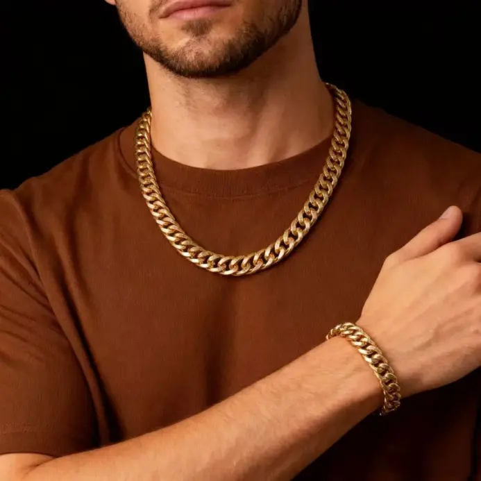 HNSP, collar de cadena de Color dorado con eslabones cubanos de acero inoxidable de 10MM para hombres, accesorios de joyería 2