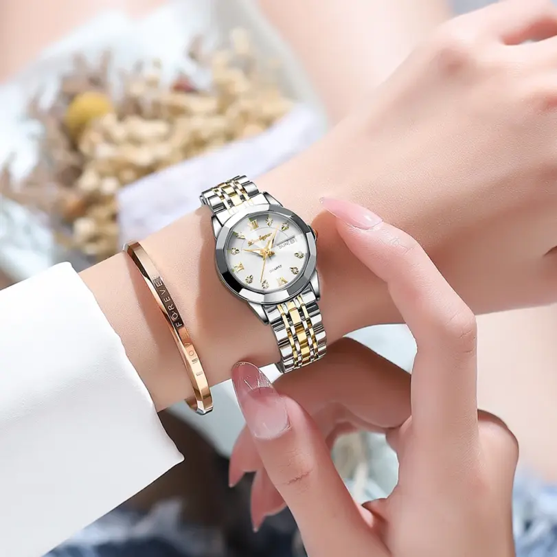 POEDAGAR, reloj de pulsera de lujo para mujer, luminoso, resistente al agua, fecha, semana, relojes de vestir para mujer, reloj de acero inoxidable para mujer, reloj de cuarzo + caja 6