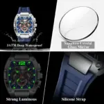 POEDAGAR, reloj de cuarzo de lujo para hombre, reloj militar deportivo para hombre, resistente al agua, luminoso, cronógrafo con fecha, correa de silicona, relojes para hombre 4