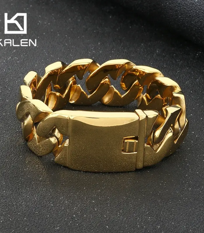 Pulsera KALEN de Acero Inoxidable 316L de 24 mm para Hombre, Color Dorado Brillante, Cadena Cubana Especializada, Joyería, Accesorios Personalizados 1
