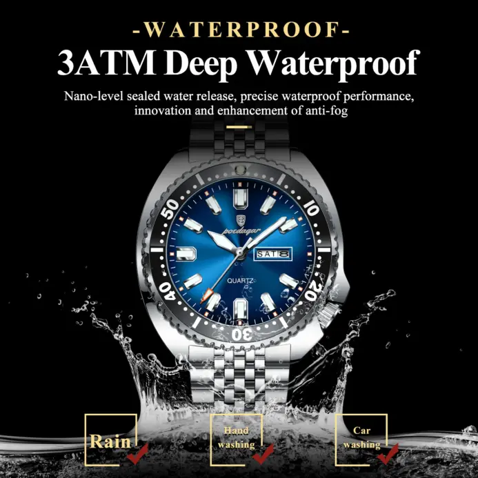 POEDAGAR Reloj de pulsera deportivo de lujo para hombre, Reloj de cuarzo luminoso resistente al agua con calendario semanal para hombre, relojes de acero inoxidable para hombre + caja 2