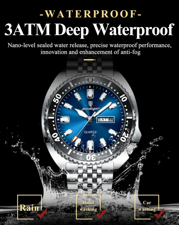 POEDAGAR Reloj de pulsera deportivo de lujo para hombre, Reloj de cuarzo luminoso resistente al agua con calendario semanal para hombre, relojes de acero inoxidable para hombre + caja 2