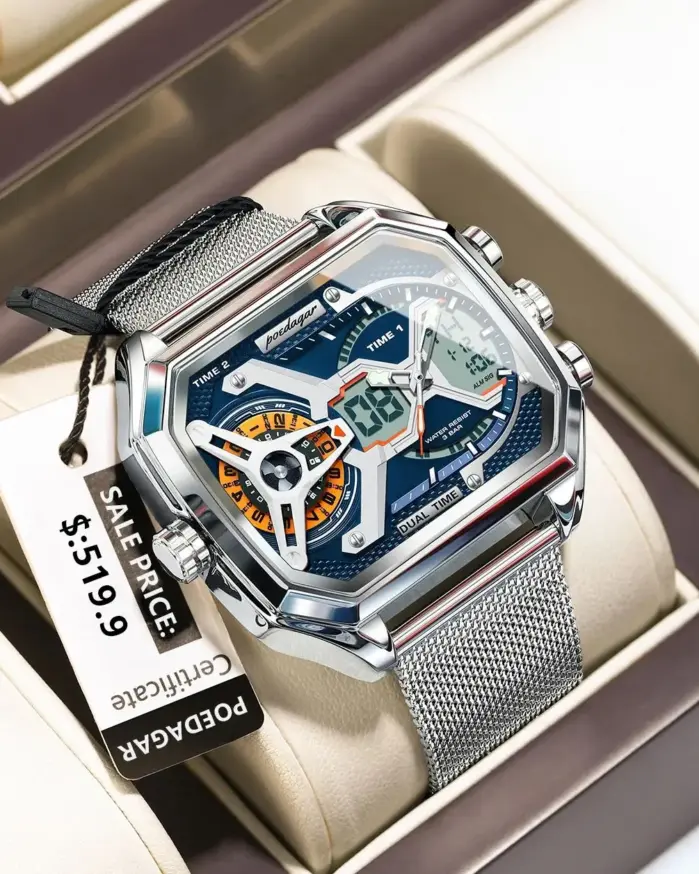 POEDAGAR, reloj de moda para hombre, reloj rectangular resistente al agua con fecha y semana LED para hombre, relojes electrónicos de cuarzo de acero inoxidable con malla para hombre 1