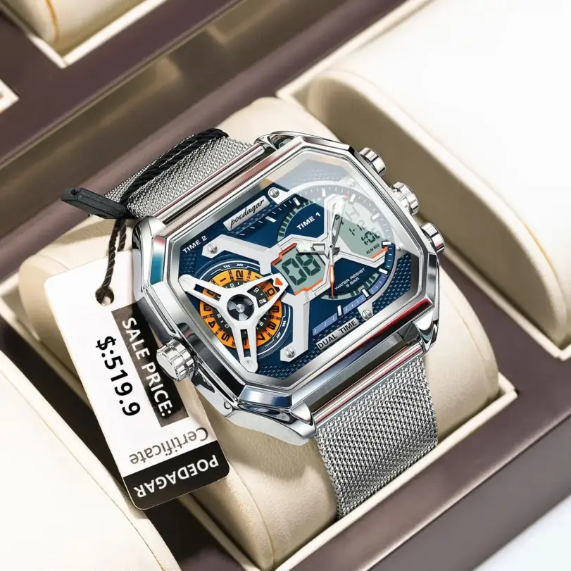 POEDAGAR, reloj de moda para hombre, reloj rectangular resistente al agua con fecha y semana LED para hombre, relojes electrónicos de cuarzo de acero inoxidable con malla para hombre 1
