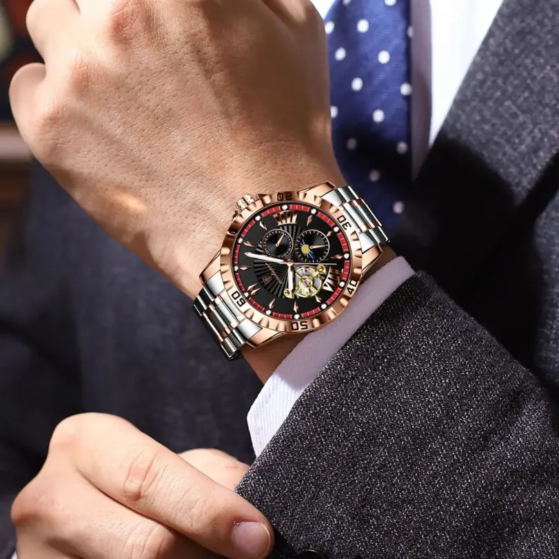 Reloj POEDAGAR de lujo para hombre, Tourbillon hueco, reloj mecánico automático para hombre, relojes luminosos impermeables de acero inoxidable para hombre + caja 6