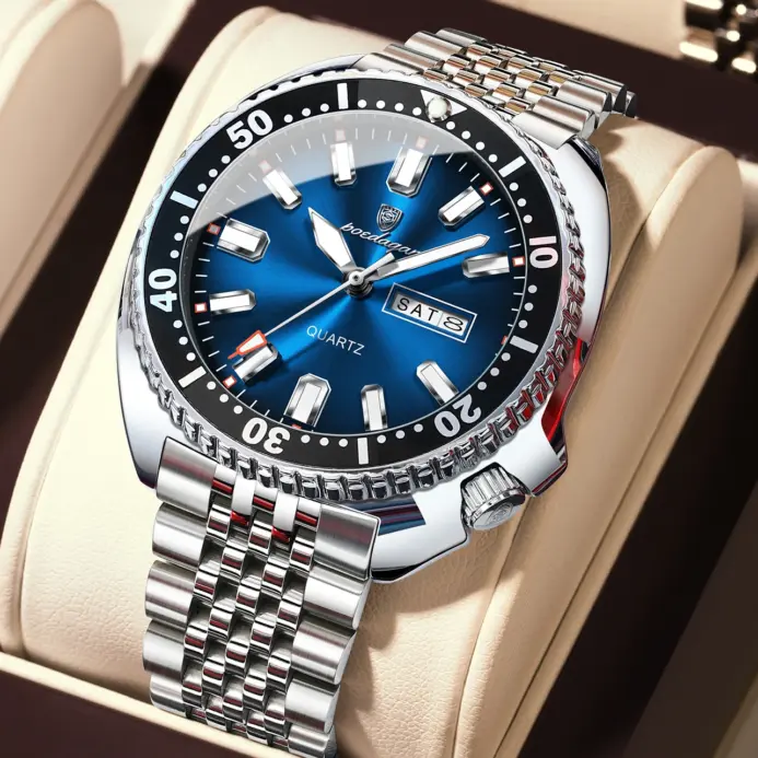 POEDAGAR Reloj de pulsera deportivo de lujo para hombre, Reloj de cuarzo luminoso resistente al agua con calendario semanal para hombre, relojes de acero inoxidable para hombre + caja 1