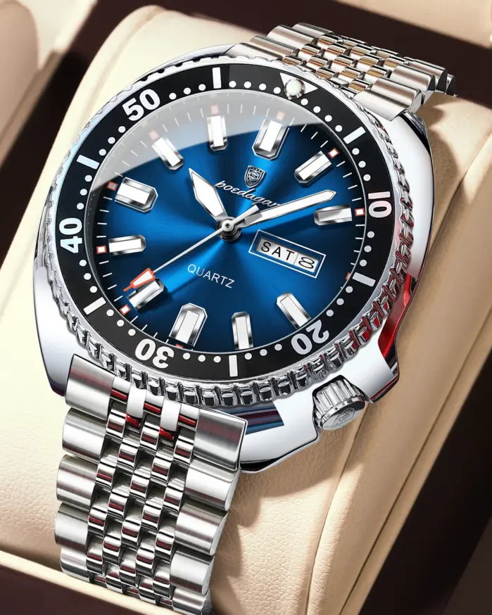POEDAGAR Reloj de pulsera deportivo de lujo para hombre, Reloj de cuarzo luminoso resistente al agua con calendario semanal para hombre, relojes de acero inoxidable para hombre + caja 1