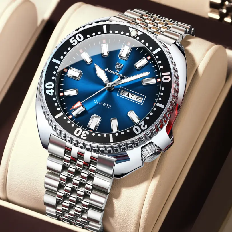 POEDAGAR Reloj de pulsera deportivo de lujo para hombre, Reloj de cuarzo luminoso resistente al agua con calendario semanal para hombre, relojes de acero inoxidable para hombre + caja 1