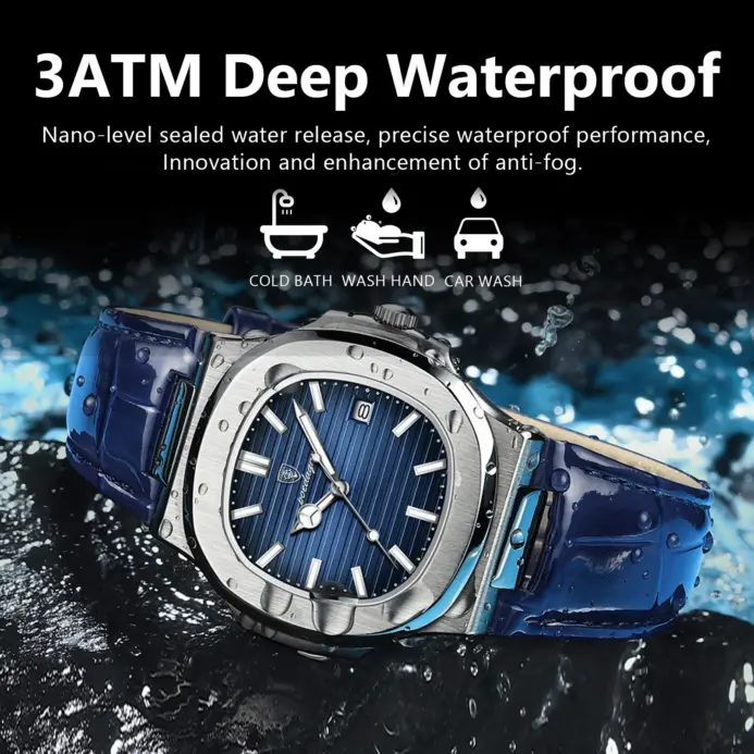 POEDAGAR-reloj cuadrado de lujo para hombre, pulsera de cuarzo resistente al agua con fecha, luminoso, de cuero de alta calidad + caja 2