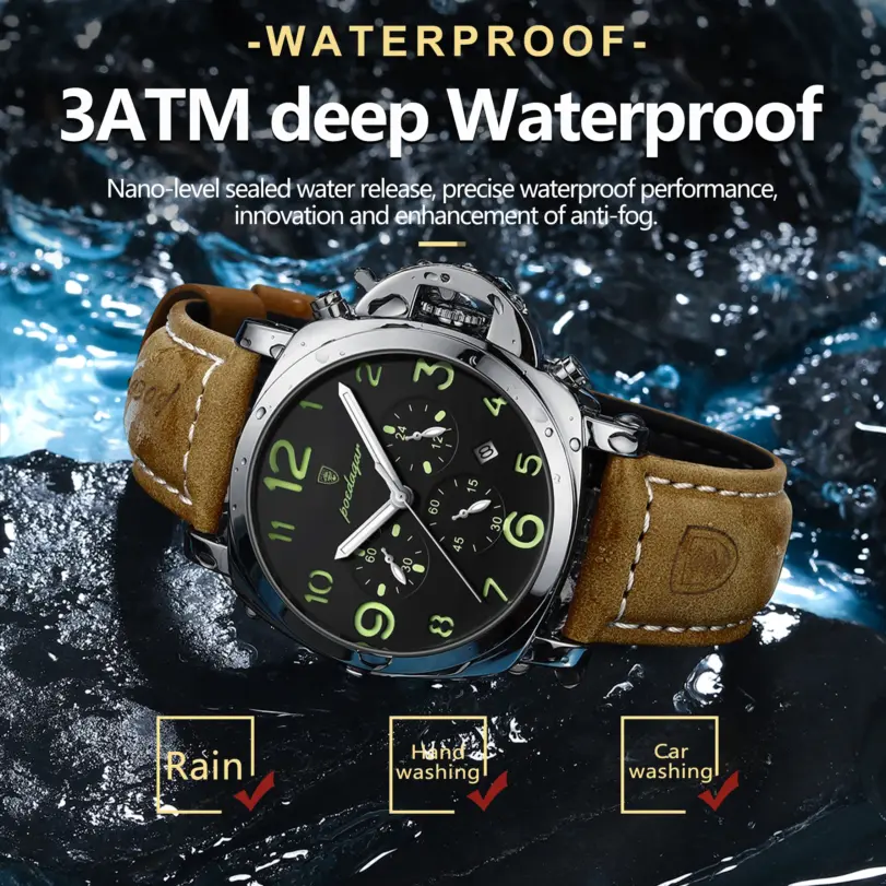 POEDAGAR, reloj militar de lujo para hombre, resistente al agua, luminoso, cronógrafo con fecha, reloj para hombre, relojes deportivos informales de cuero de cuarzo para hombre 3